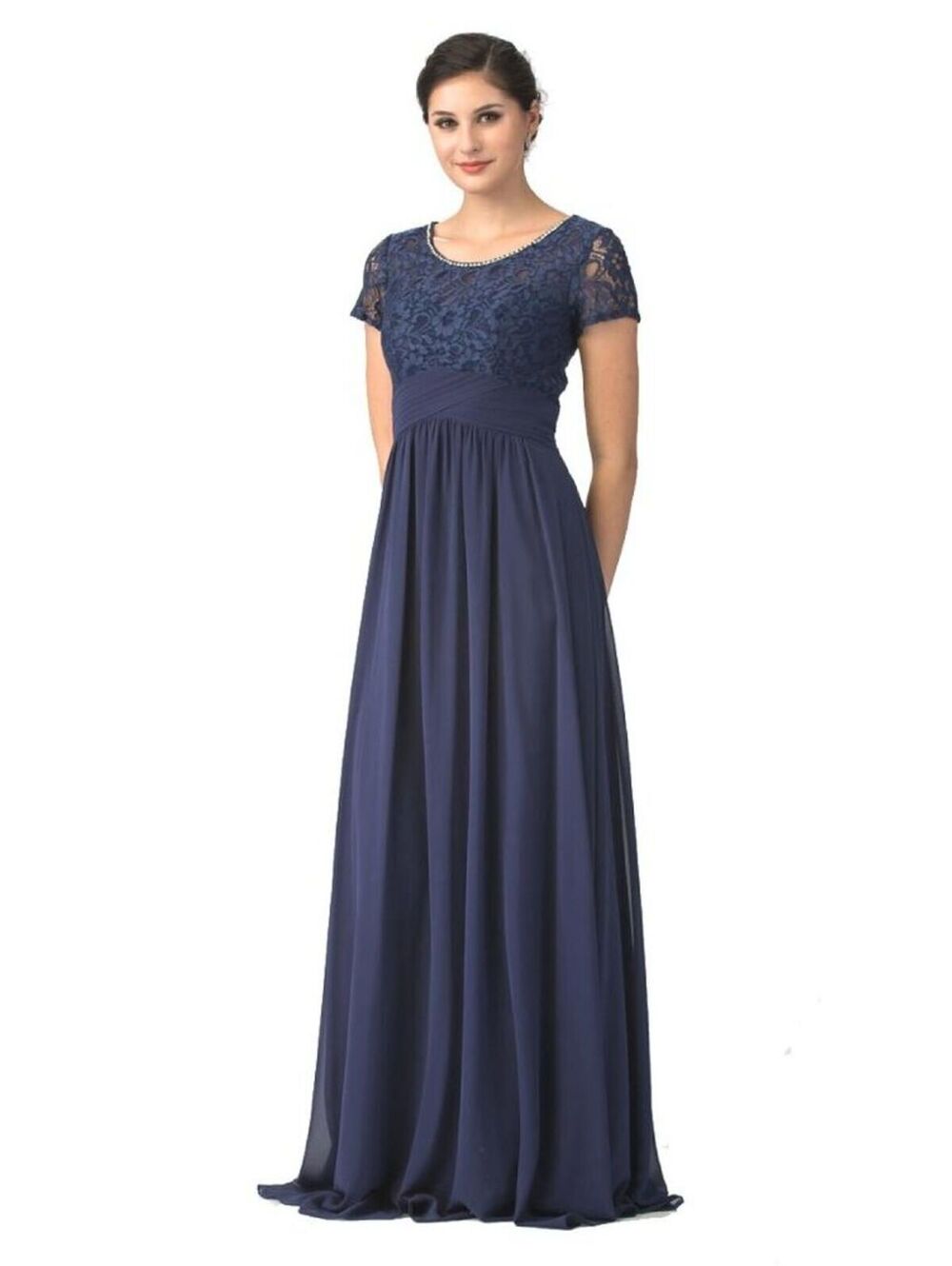 NWOT Star Box #6157 Chiffon and Lace MOB MOG Formal Gown-Size M-NAVY BLUE